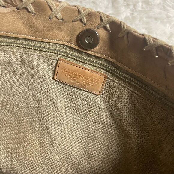 Bergé Italian leather embossed Tan and Cream cross stitching accents Tote Bag - Picture 12 of 13